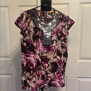 SoCa St. John Purple and Black Floral Blouse with Silver Accents